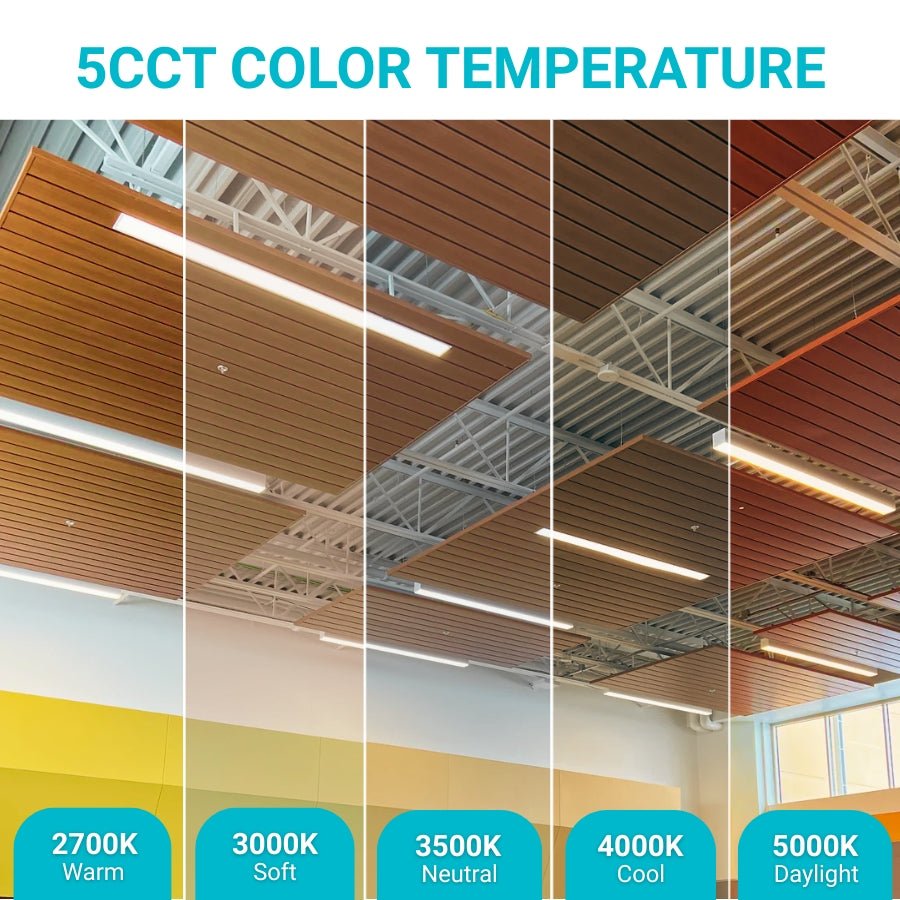 linear hanging lights with different color temperatures displayed on a grid.