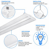 LED linear light fixture with construction, installation, specifications, applications, and optics details.