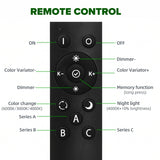 Black remote control with labeled buttons on a white background