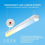 Emergency LED linear strip light with installation details on a blue background