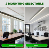 Two office settings showing LED strip lights mounted suspended and ceiling.