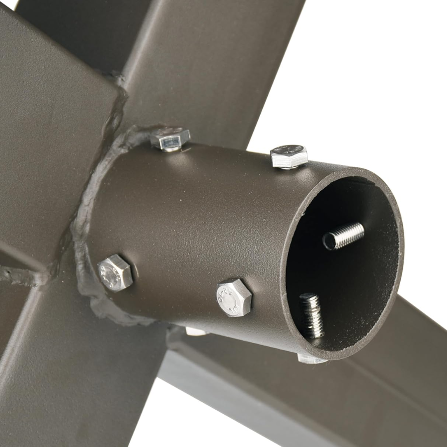 Close-up of a metal light bracket with bolts on a white background