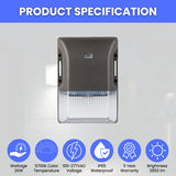 LED light fixture with specifications on a gray background