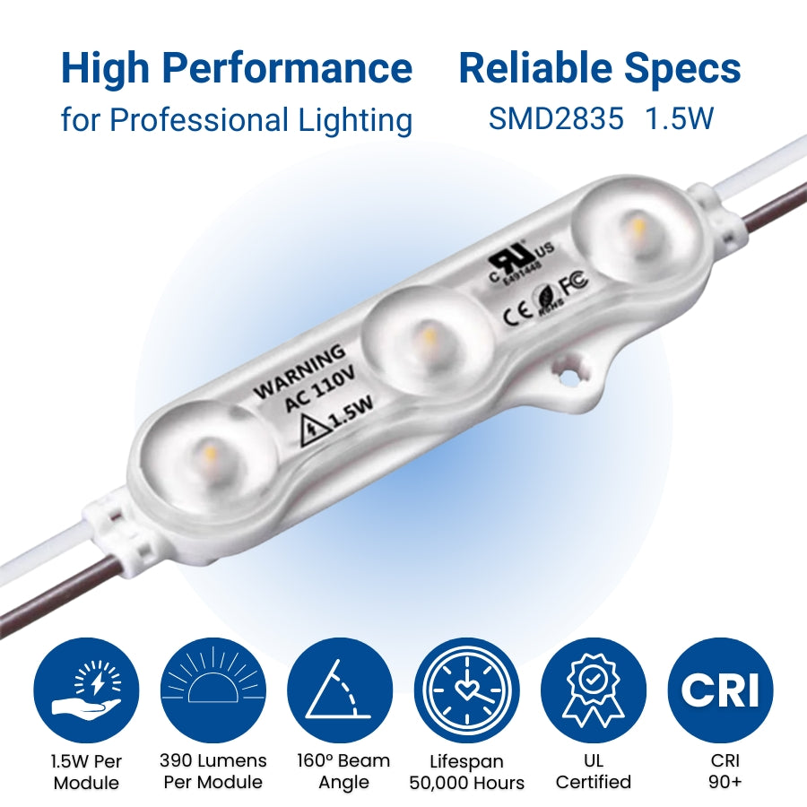 modules leds with specifications and certifications on a blue gradient background