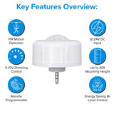 motion sensor for high bay lights fixture with key features highlighted on a white background