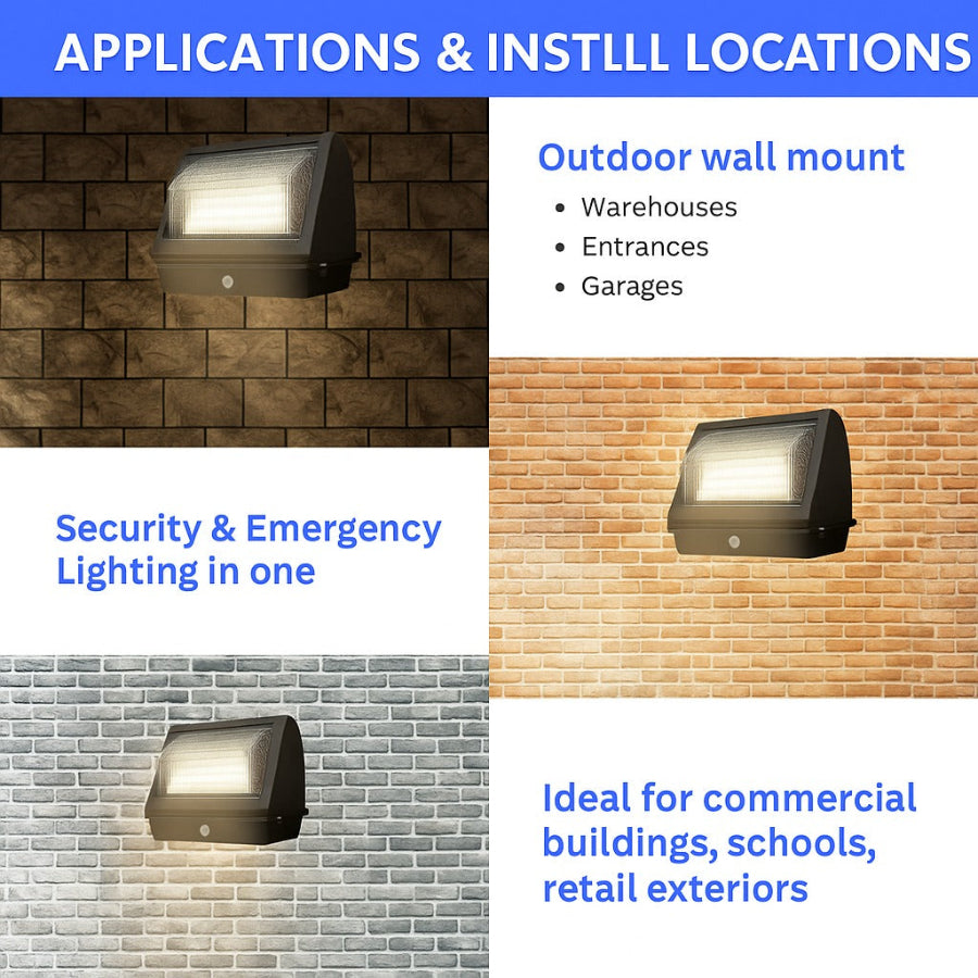 Outdoor wall-mounted light fixtures on different types of brick walls with text describing applications and install locations.