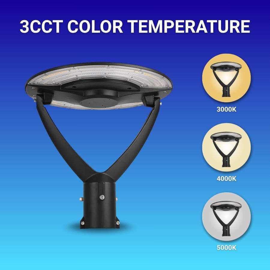 Street light with 3CCT color temperature options on a blue background, pathways light