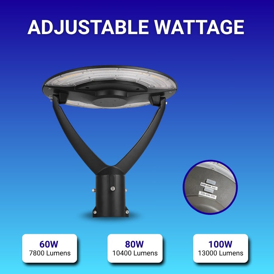 outdoor Post lamp light fixture, Street light with adjustable wattage options on a blue background