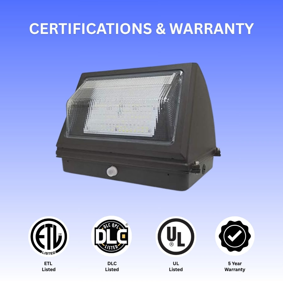 Outdoor light fixture with certification and warranty icons on a blue background