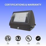 Outdoor light fixture with certification and warranty icons on a blue background