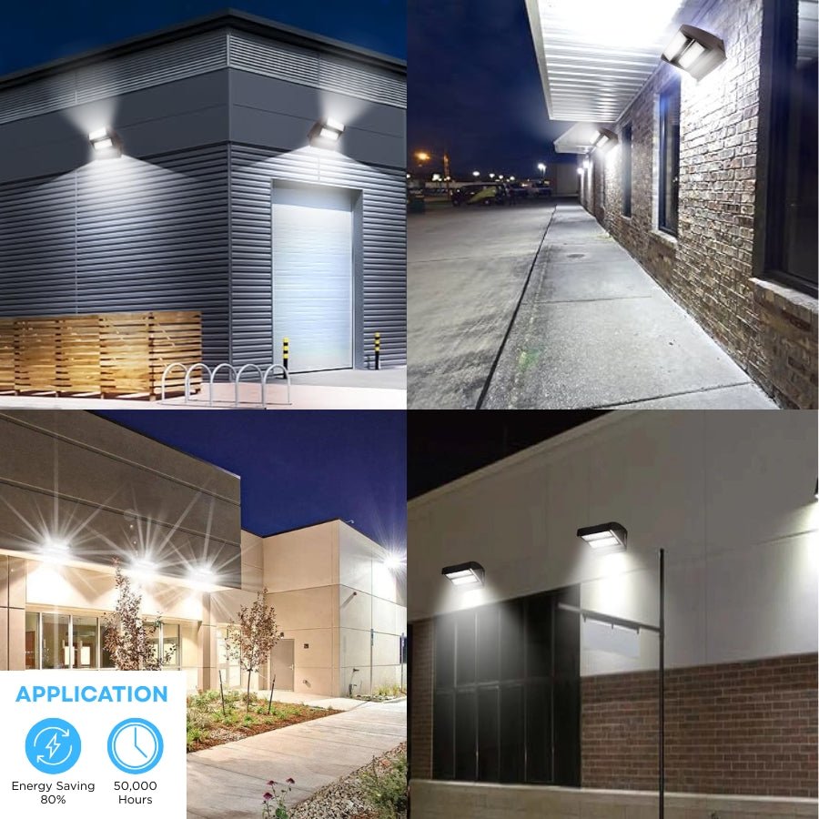 Collage of outdoor lighting fixtures on various building exteriors at night. outdoor led wall pack lights