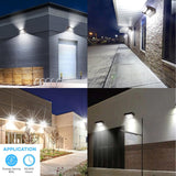 Collage of outdoor lighting fixtures on various building exteriors at night. outdoor led wall pack lights