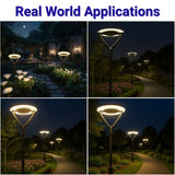 Collage of outdoor lighting fixtures in a garden setting at night.