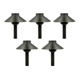 Set of six black outdoor pathway lights on a white background
