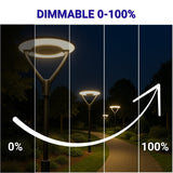 Dimmable outdoor street light with varying levels of illumination on a path at night.