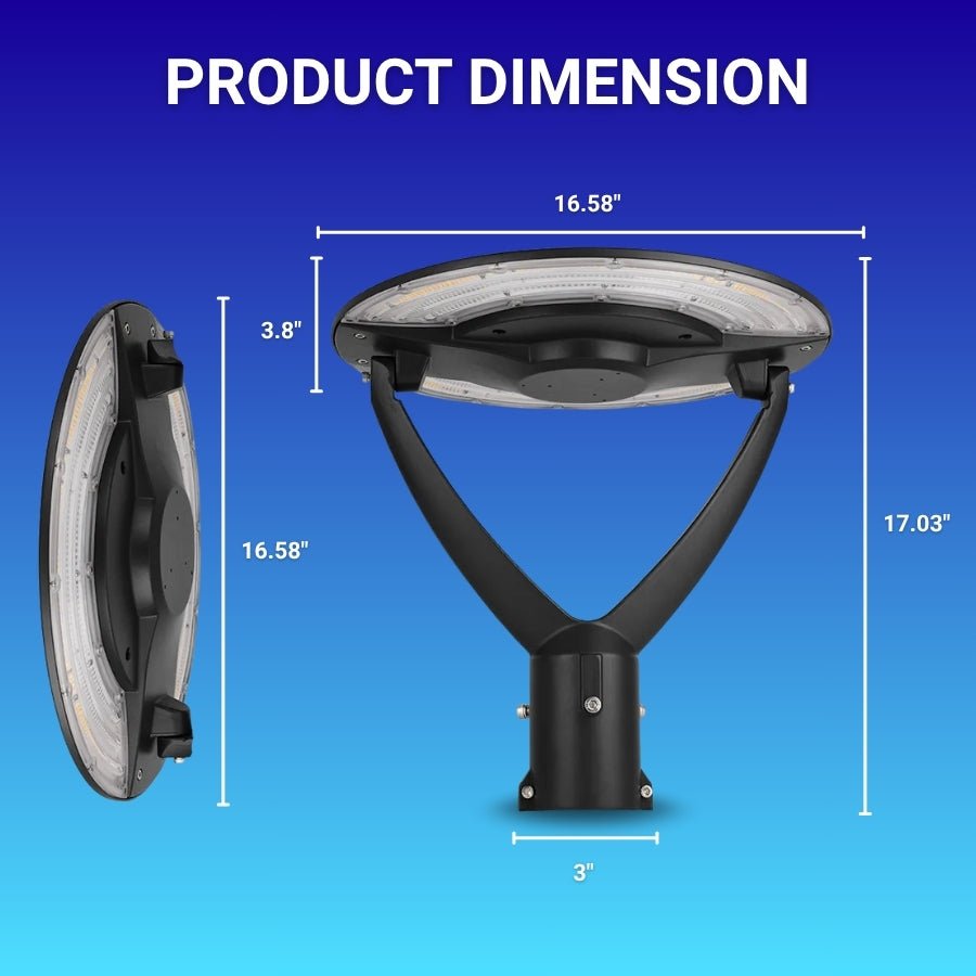 Street light fixture with dimensions on a blue background