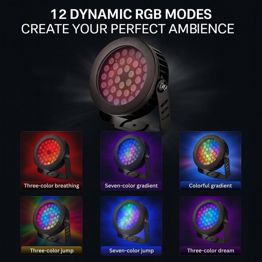 RGB light fixture with dynamic modes on a dark background