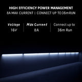 LED strip light with technical specifications on a black background