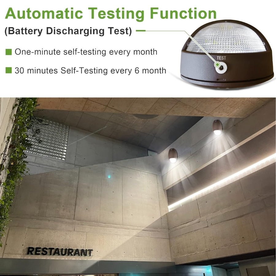 Light fixture with automatic testing function labeled, shown in an outdoor setting.