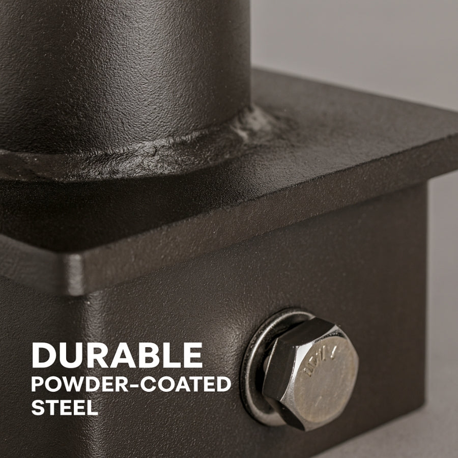 Close-up of durable powder-coated steel with a bolt, on a gray background.