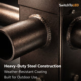 Close-up of a metal pole top tenon adapter with text highlighting heavy-duty steel construction and weather-resistant coating.