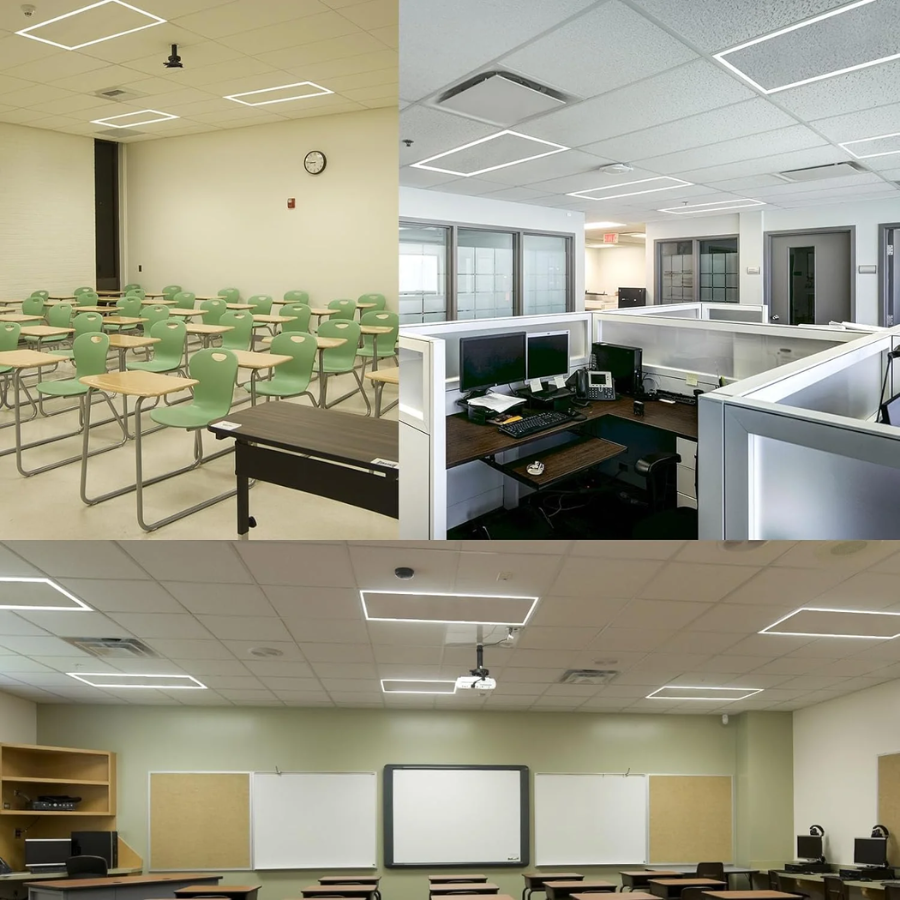 Collage of three different office or classroom settings with desks, chairs, and whiteboards.