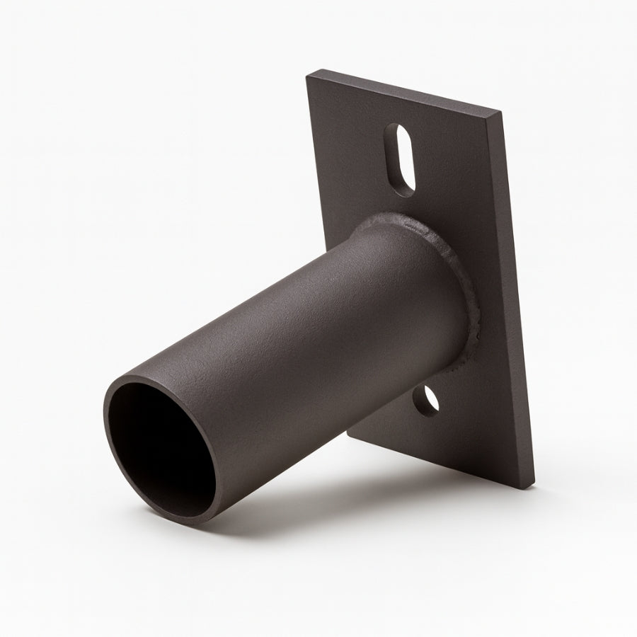 Black metal bracket with cylindrical component on a white background