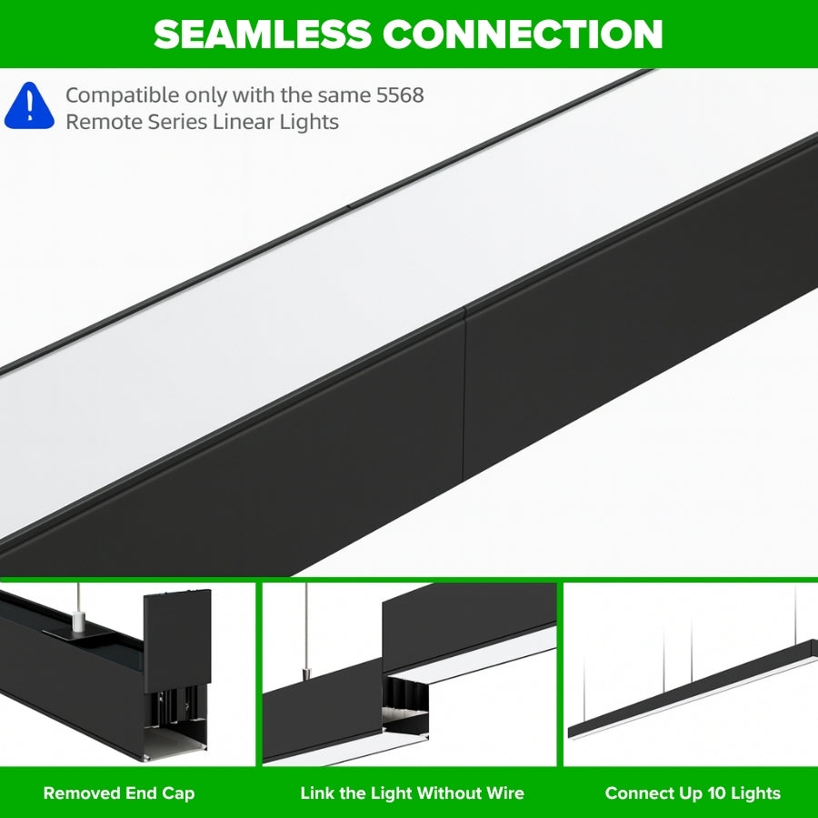 Seamless connection of linear lights with text and icons on a white background