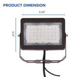 SwitchToLED 50W LED Flood Light dimensions 8.48 inch width and 6.14 inch height, compact outdoor commercial floodlight with adjustable yoke mount