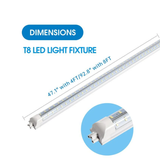 SwitchToLED T8 LED light fixture dimensions showing 4ft and 8ft length options with end connector detail