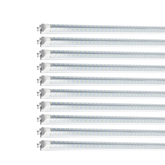 SwitchToLED T8 LED light fixtures arranged in parallel, showcasing slim linear design and integrated LEDs