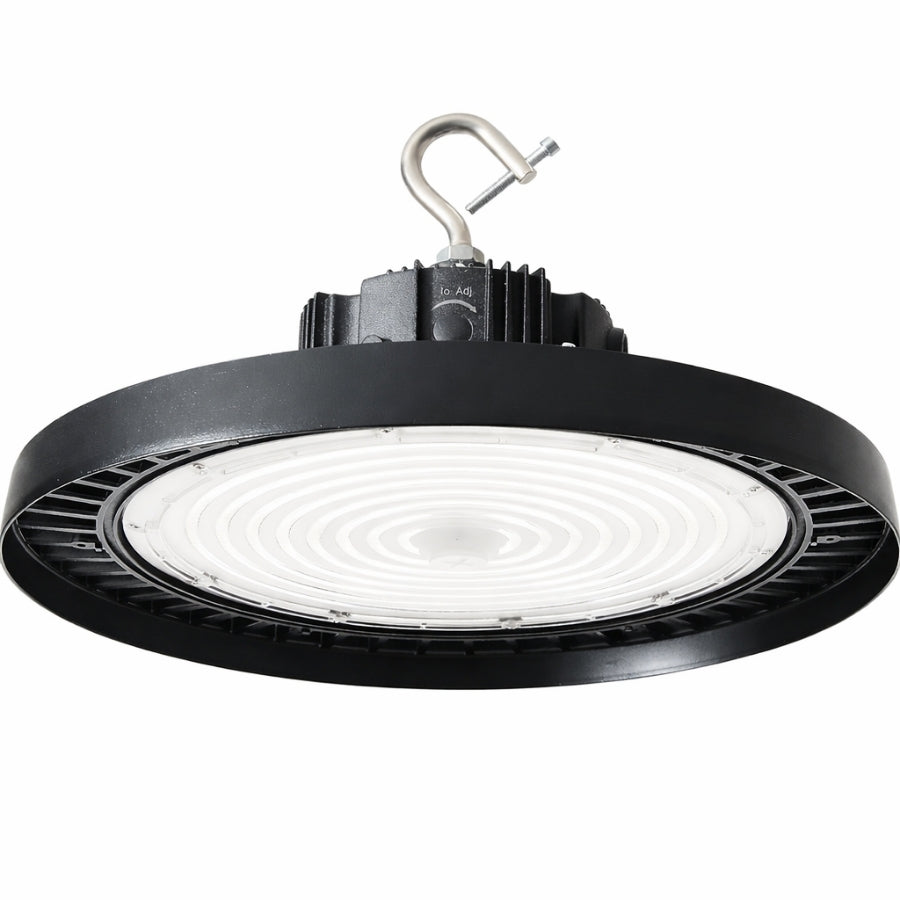 200 watt ufo high bay led light
Industrial ceiling light fixture with black rim and white interior on a white background