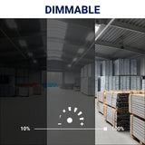 Comparison of a dimly lit warehouse with a well-lit warehouse labeled 'Dimmable'.