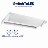 LED rotatable linear high bay light with SwitchToLED branding on a white background