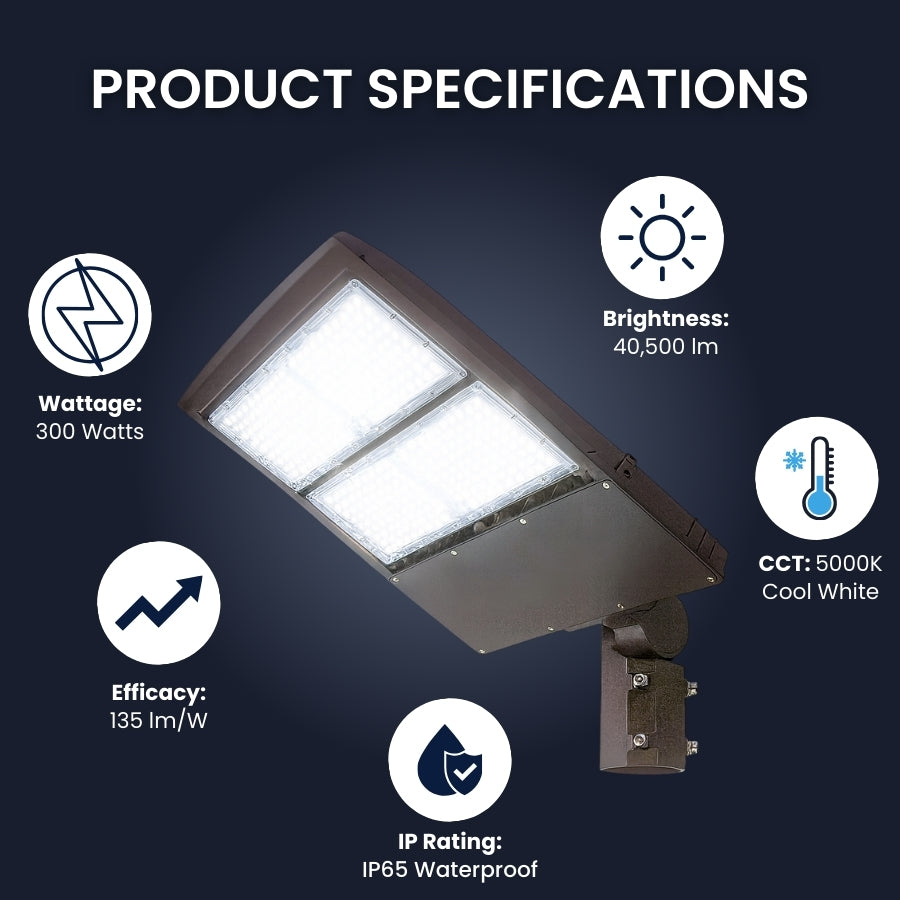 300w led shoebox light fixture with specifications on a dark background