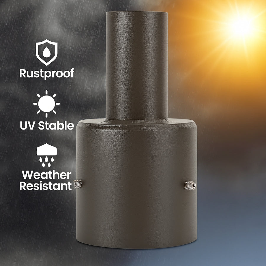 Rustproof, UV stable, and weather resistant metal fitting with a dark background