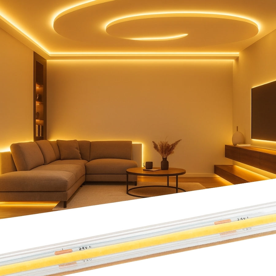 Modern living room with LED strip lights on ceiling and walls