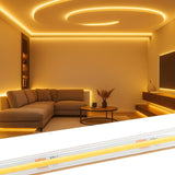 Modern living room with LED strip lights on ceiling and walls