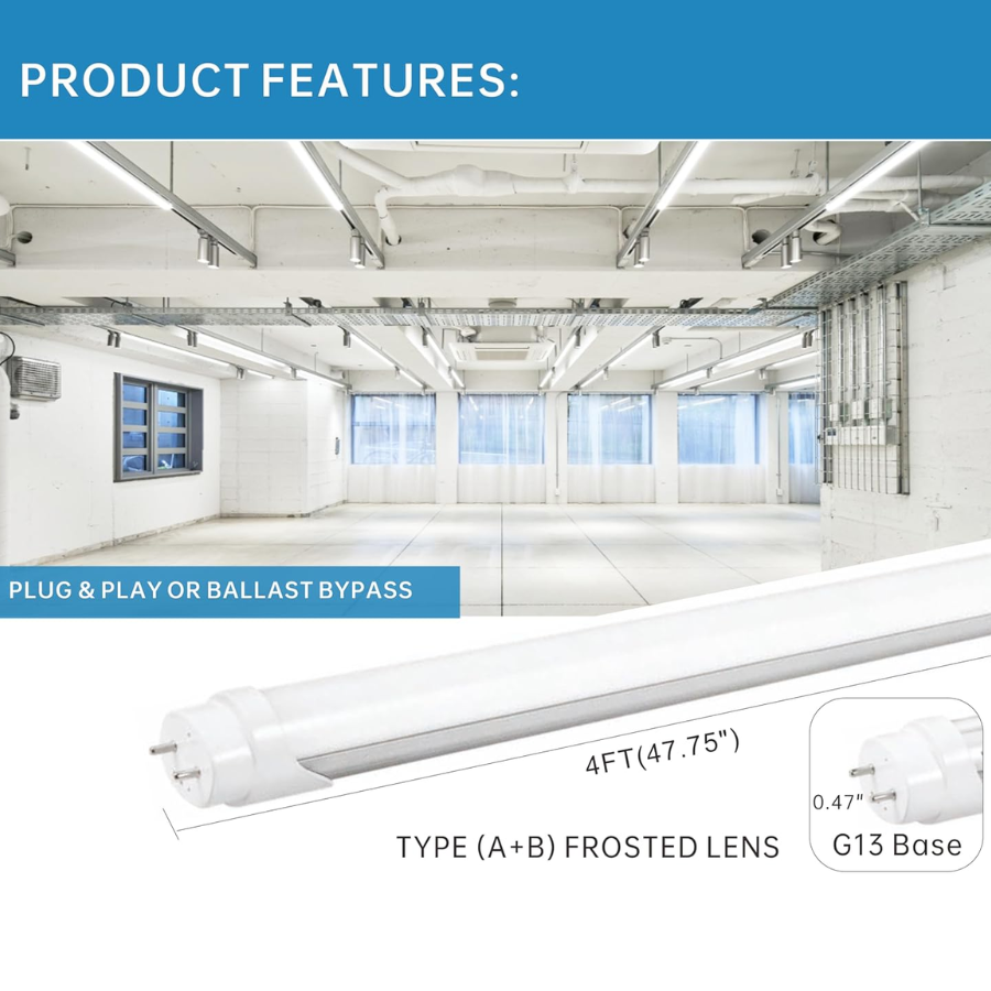LED tube light with product features displayed in a room with large windows.