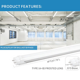 LED tube light with product features displayed in a room with large windows.