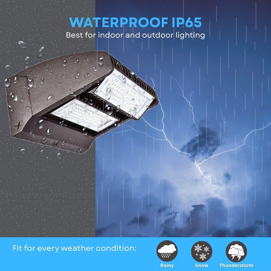 Waterproof outdoor light fixture with raindrops and lightning background, labeled 'IP65' for weather resistance. wall pack led light fixtures at switchtoled