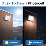 Dusk to Dawn Photocell light fixture on a brick wall with day and night views.