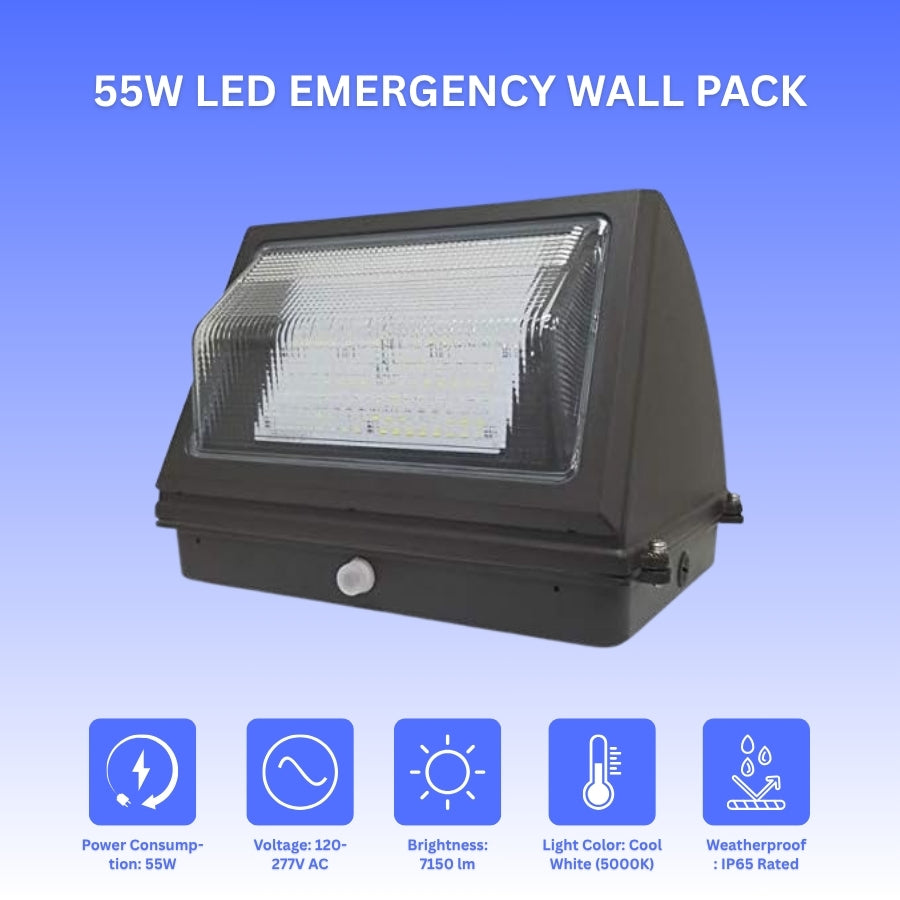 55W LED Emergency Wall Pack light on a blue background with specifications listed below.