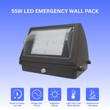 55W LED Emergency Wall Pack light on a blue background with specifications listed below.