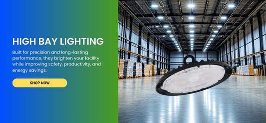 High Bay Lighting blog banner title on left and high bay lights in warehouse left at switchtoled 