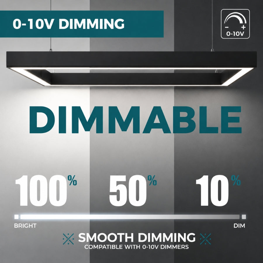 LED linear light with smooth 0-10V dimming capability from 100% brightness to 10% output.