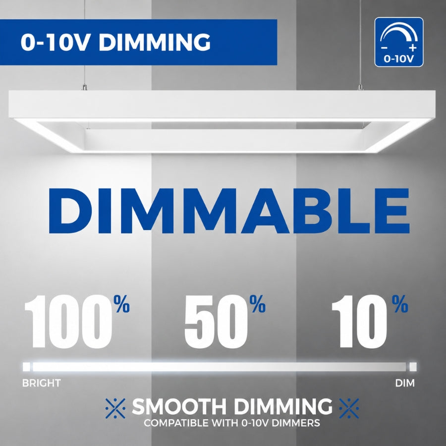 White LED linear pendant fixture with smooth 0-10V dimming functionality.