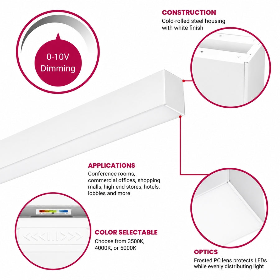 LED linear light with 0-10V dimming, selectable color temperature, and frosted lens design for even light distribution.