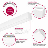 LED linear light with 0-10V dimming, selectable color temperature, and frosted lens design for even light distribution.