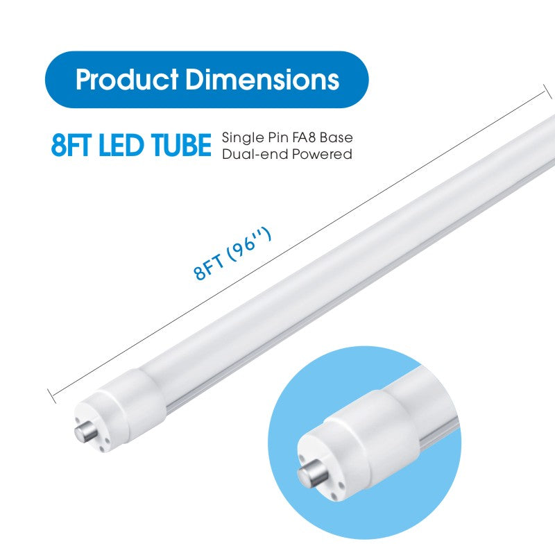 T8 8FT LED Tube Light, 8 Foot T8 LED Tube Light Single Pin FA8 Base, Ballast Bypass 50W 6750LM, 6500K Cool White, Frosted Cover (Replace 150W LED Flourescent Bulbs) Dual-Ended Power AC100-277V